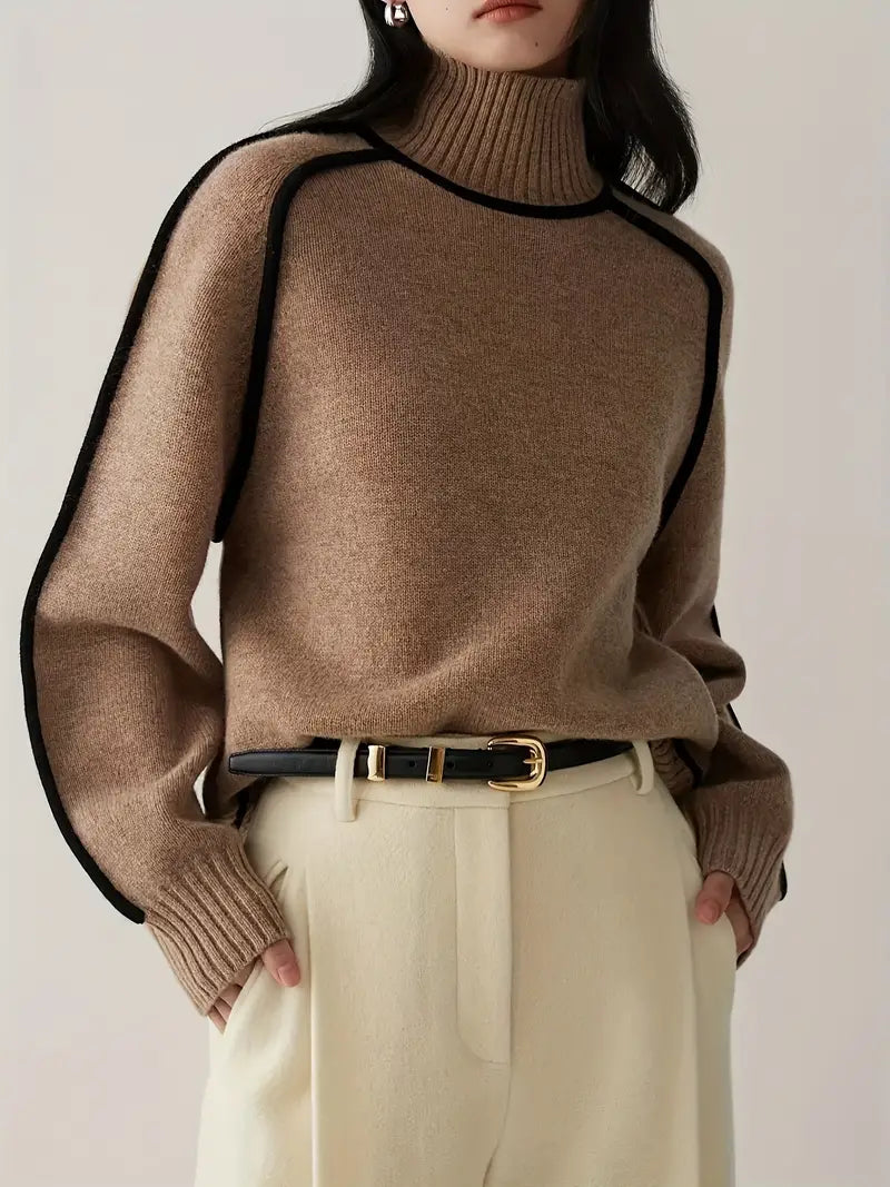 Wool Blend Turtleneck Sweater | Contrast Trim | Relaxed Fit