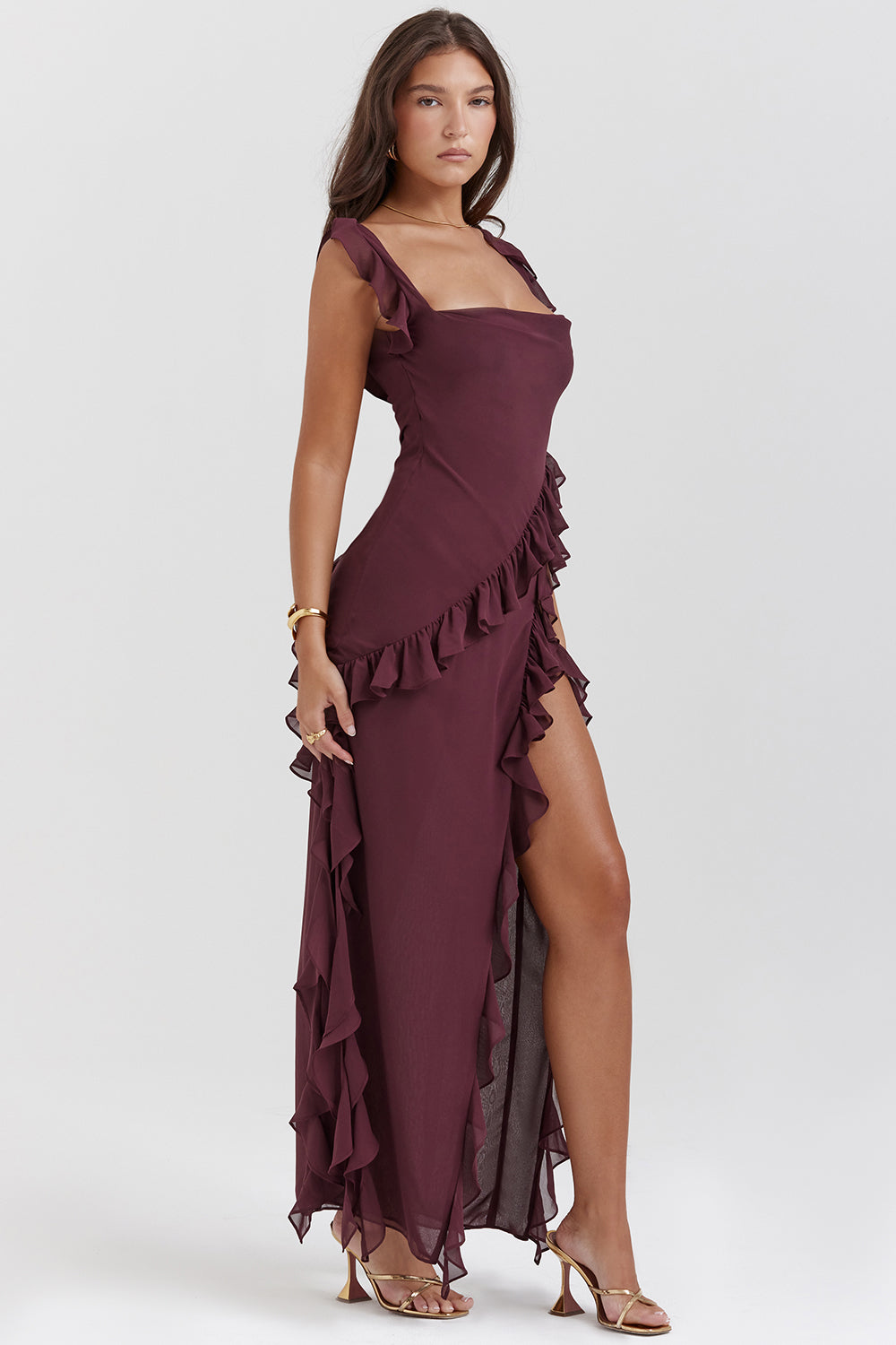 Étoile Ruffle Split Maxi Dress | Square Neckline, Sleeveless, Draped Hem