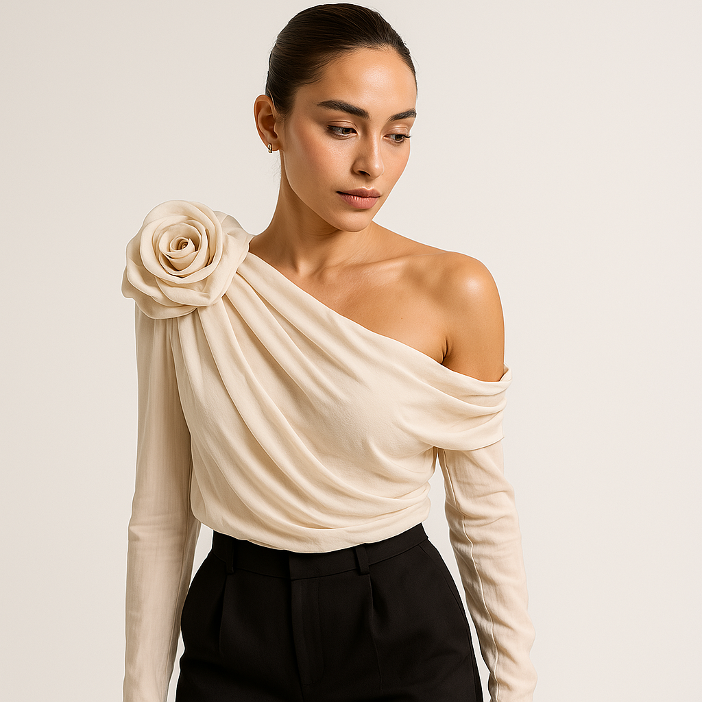 Étoile One-Shoulder Draped Blouse | 3D Floral Detail