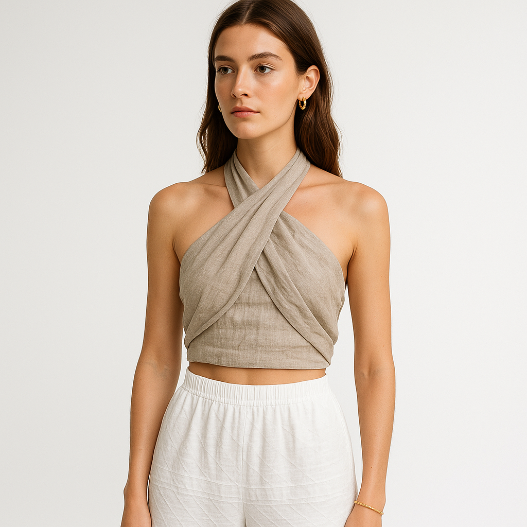 Linen Cross Halter Top | Draped Front | Cropped Fit
