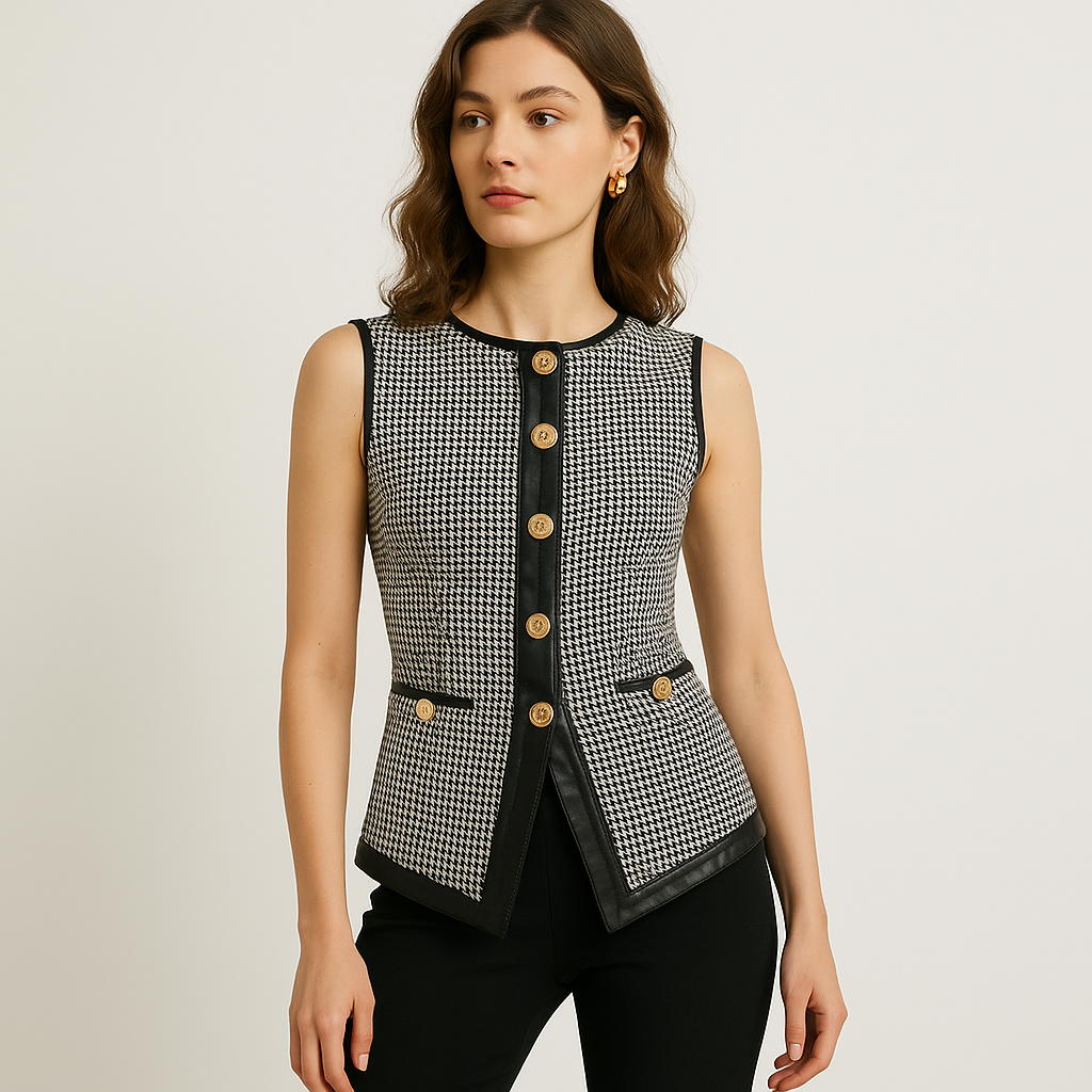 Structured Sleeveless Vest | Houndstooth Pattern | Contrast Trim