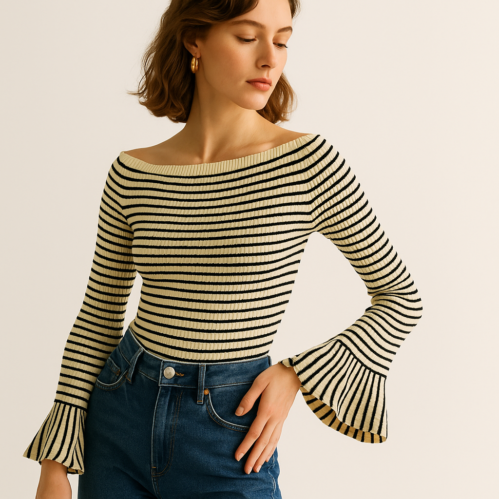Striped Rib-Knit Top | Off-Shoulder | Flared Sleeves