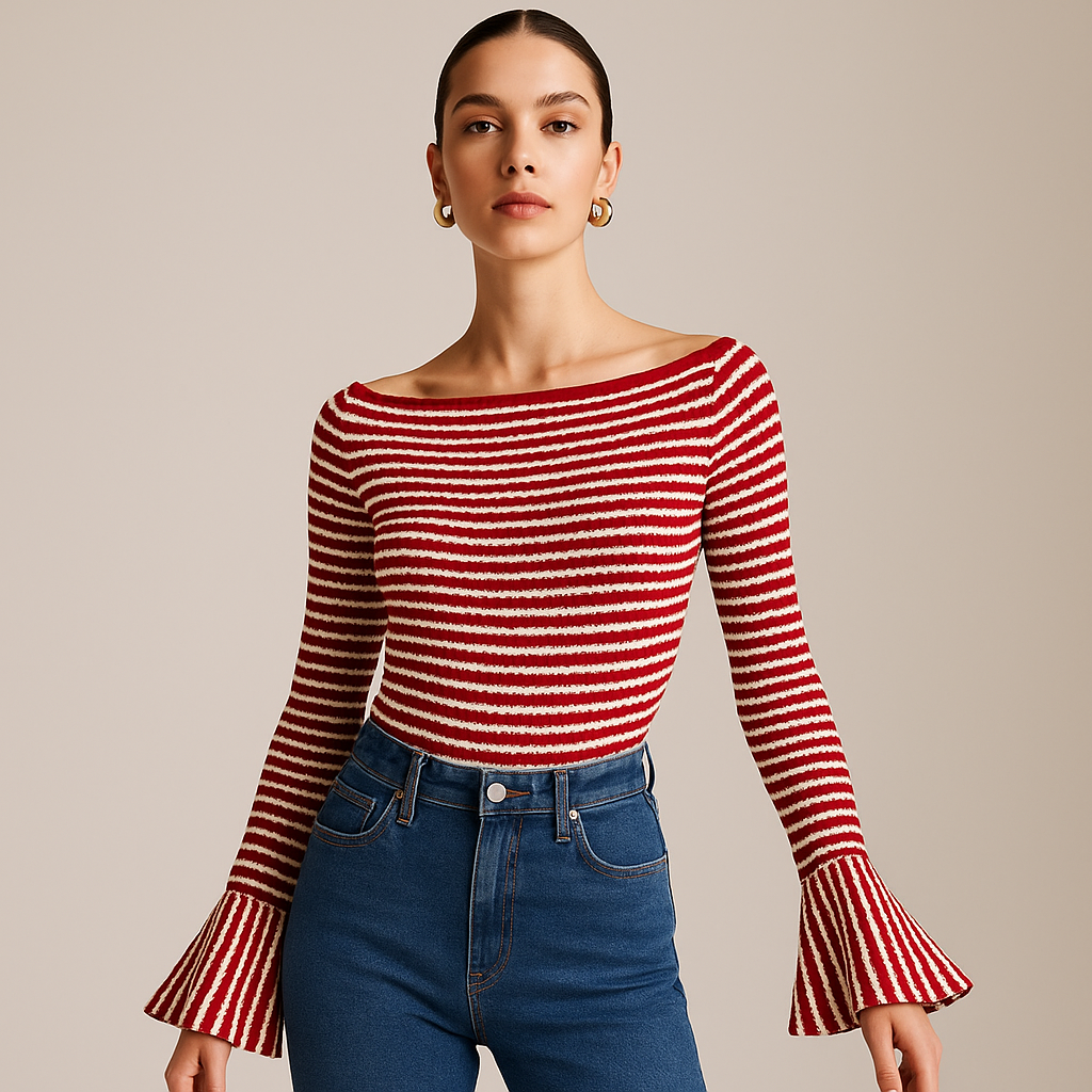 Striped Rib-Knit Top | Off-Shoulder | Flared Sleeves