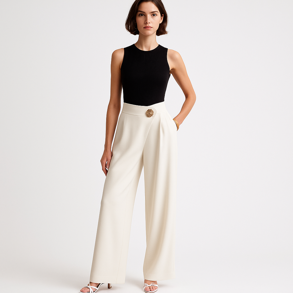 High-Waist Wrap Trousers | Gold Button Detail | Refined Flowing Silhouette