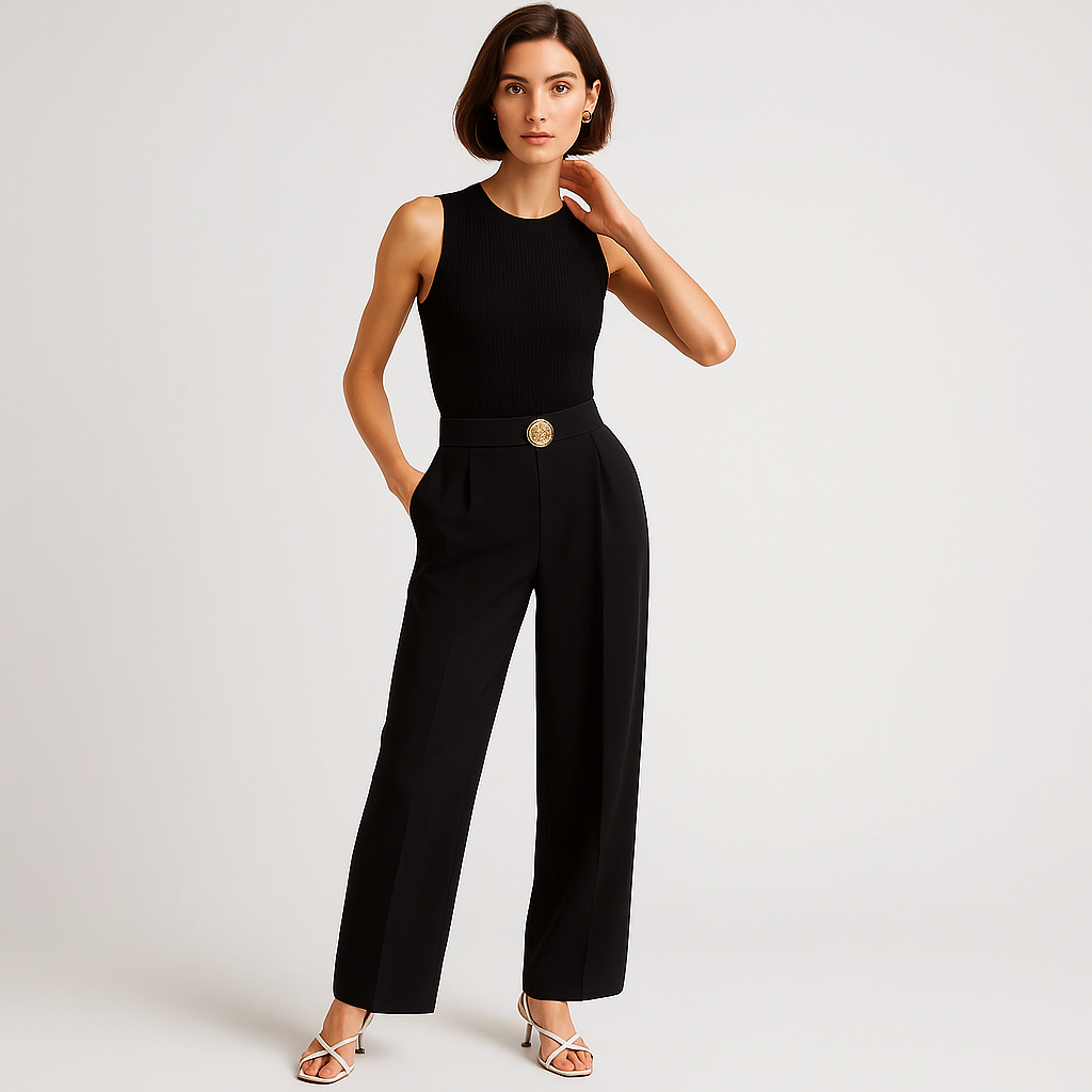 High-Waist Wrap Trousers | Gold Button Detail | Refined Flowing Silhouette