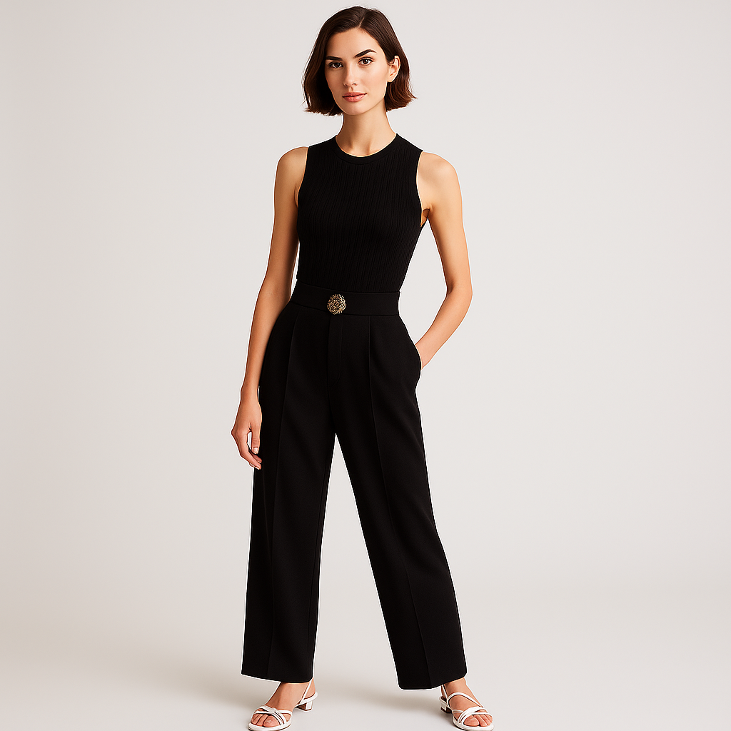 High-Waist Wrap Trousers | Gold Button Detail | Refined Flowing Silhouette