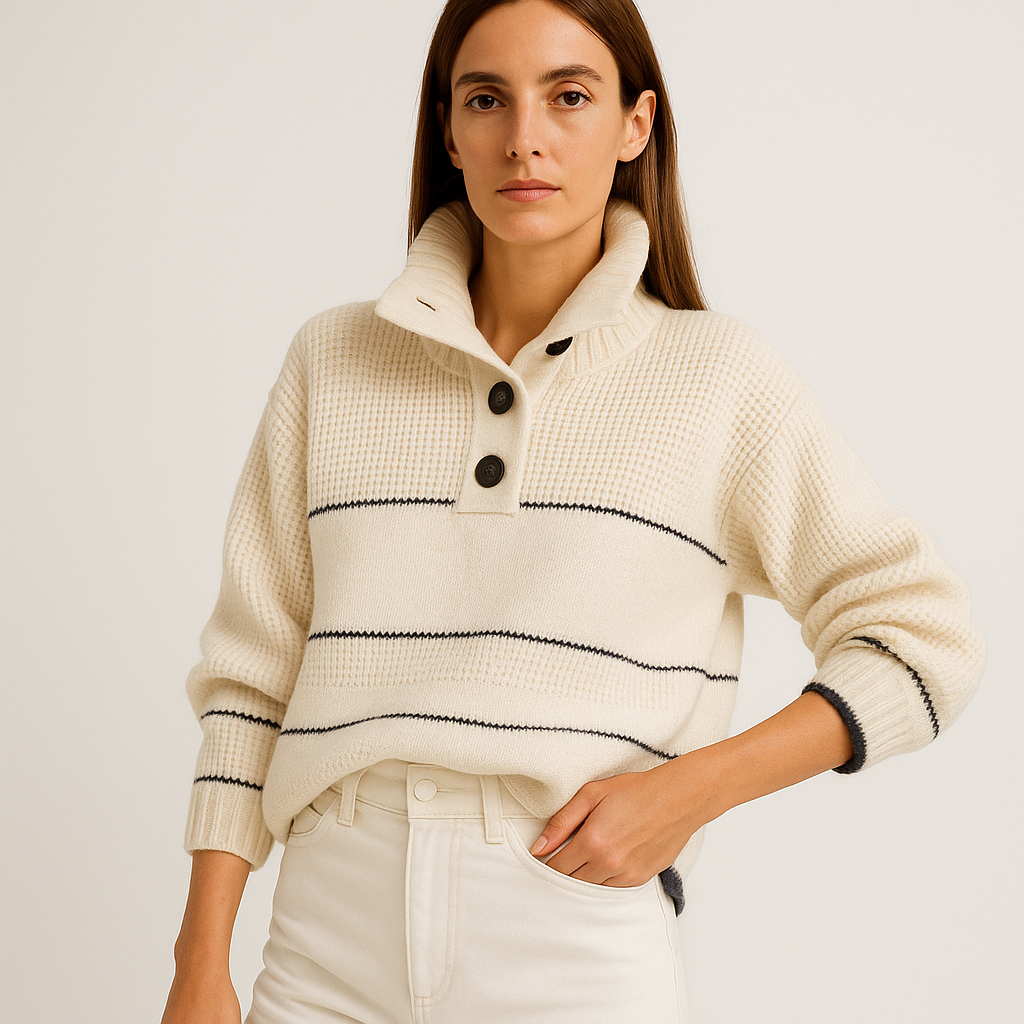 Marine Striped Button Sweater | Cream Cotton Knit | Effortless French Ease