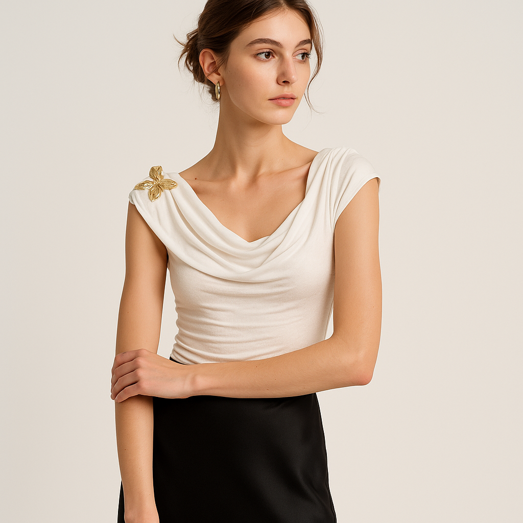 Draped Cowl Neck Top | Gold Butterfly Pin | Slim Fit