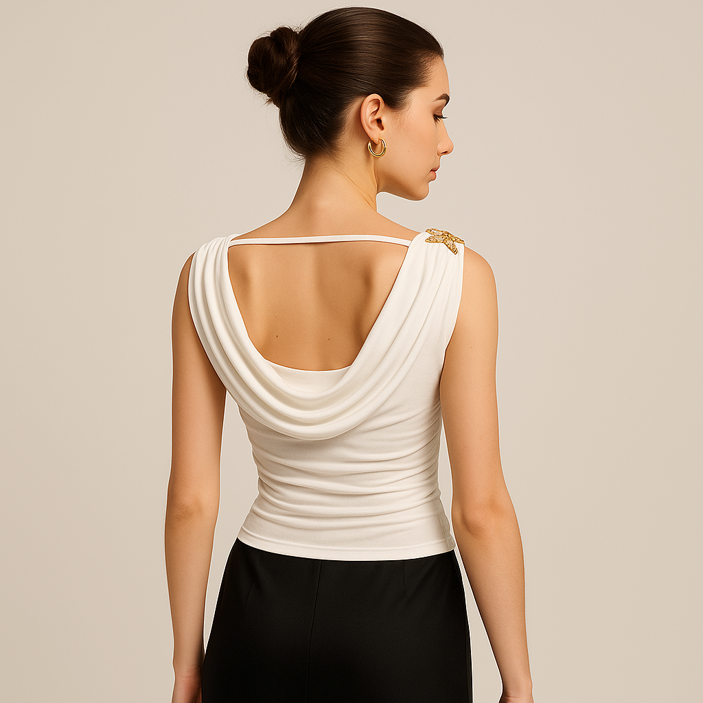 Draped Cowl Neck Top | Gold Butterfly Pin | Slim Fit