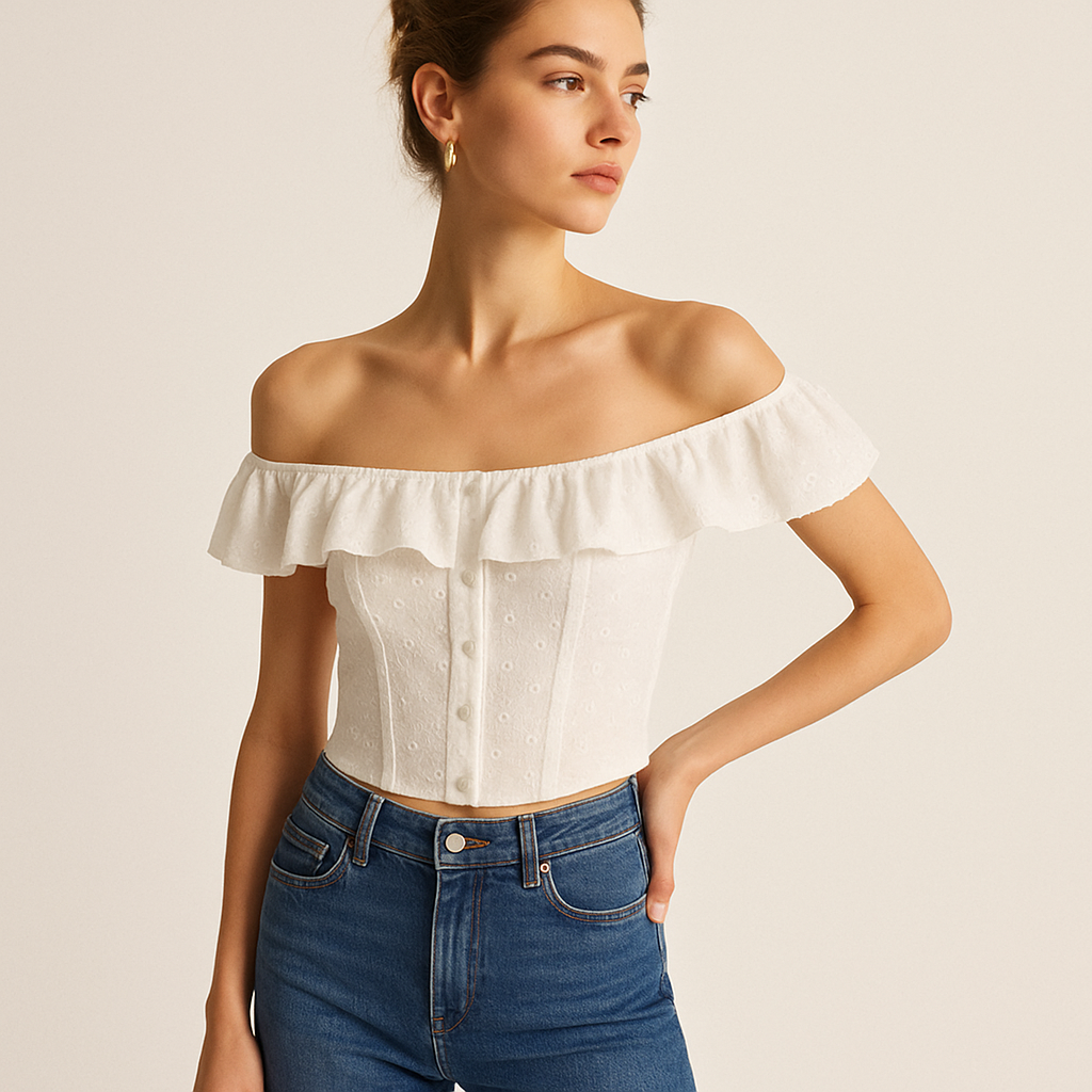 Broderie Bardot Corset Top | Ruffled Trim | Fitted Silhouette