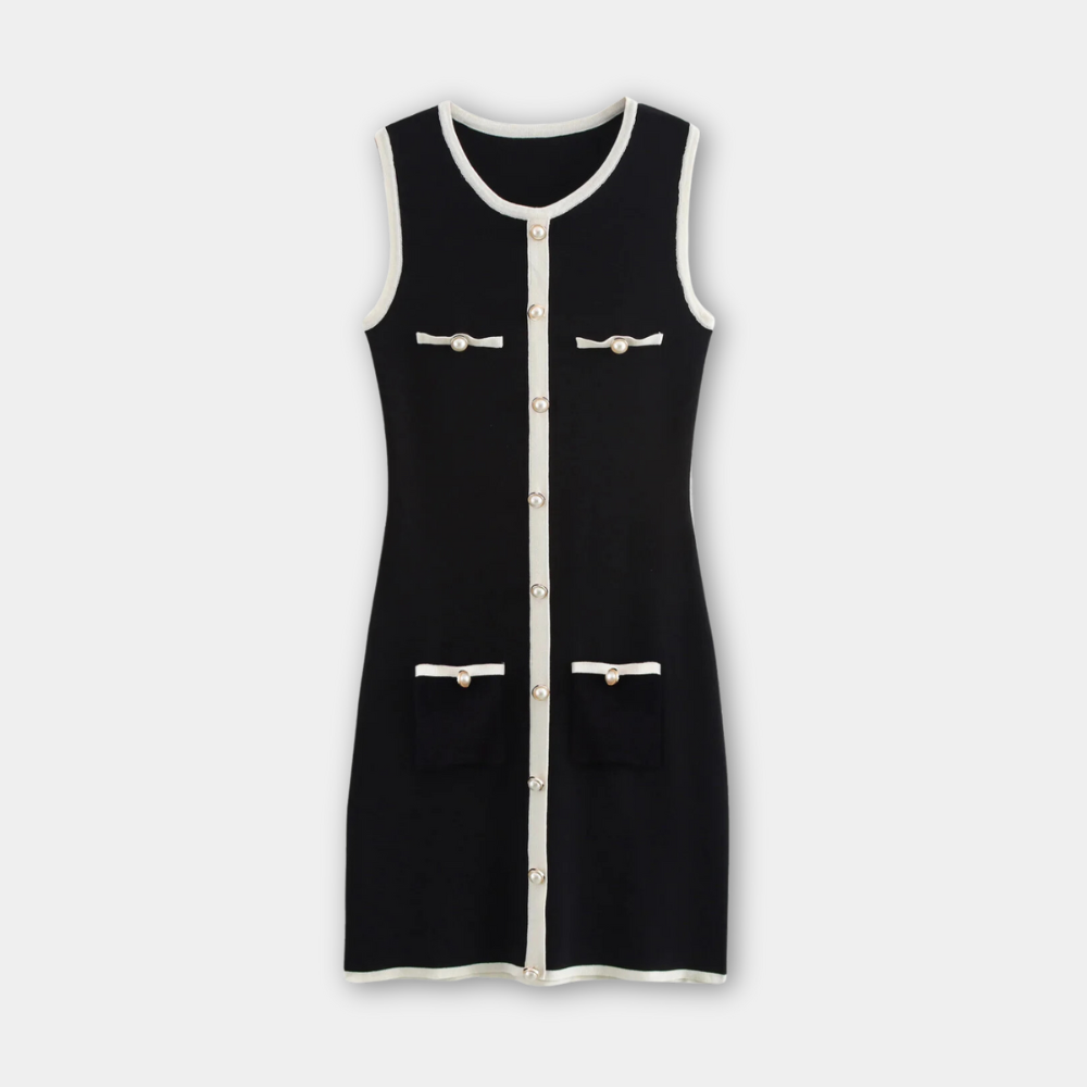 Sleeveless Knit Mini Dress | Contrast Trim | Button Front | Slim Fit