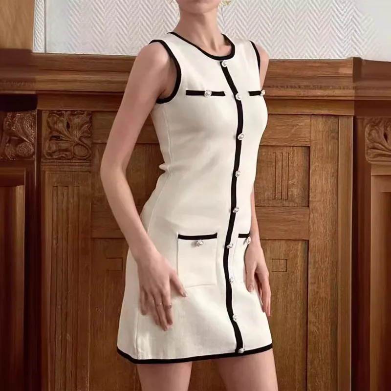 Sleeveless Knit Mini Dress | Contrast Trim | Button Front | Slim Fit
