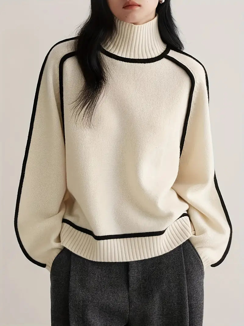 Wool Blend Turtleneck Sweater | Contrast Trim | Relaxed Fit