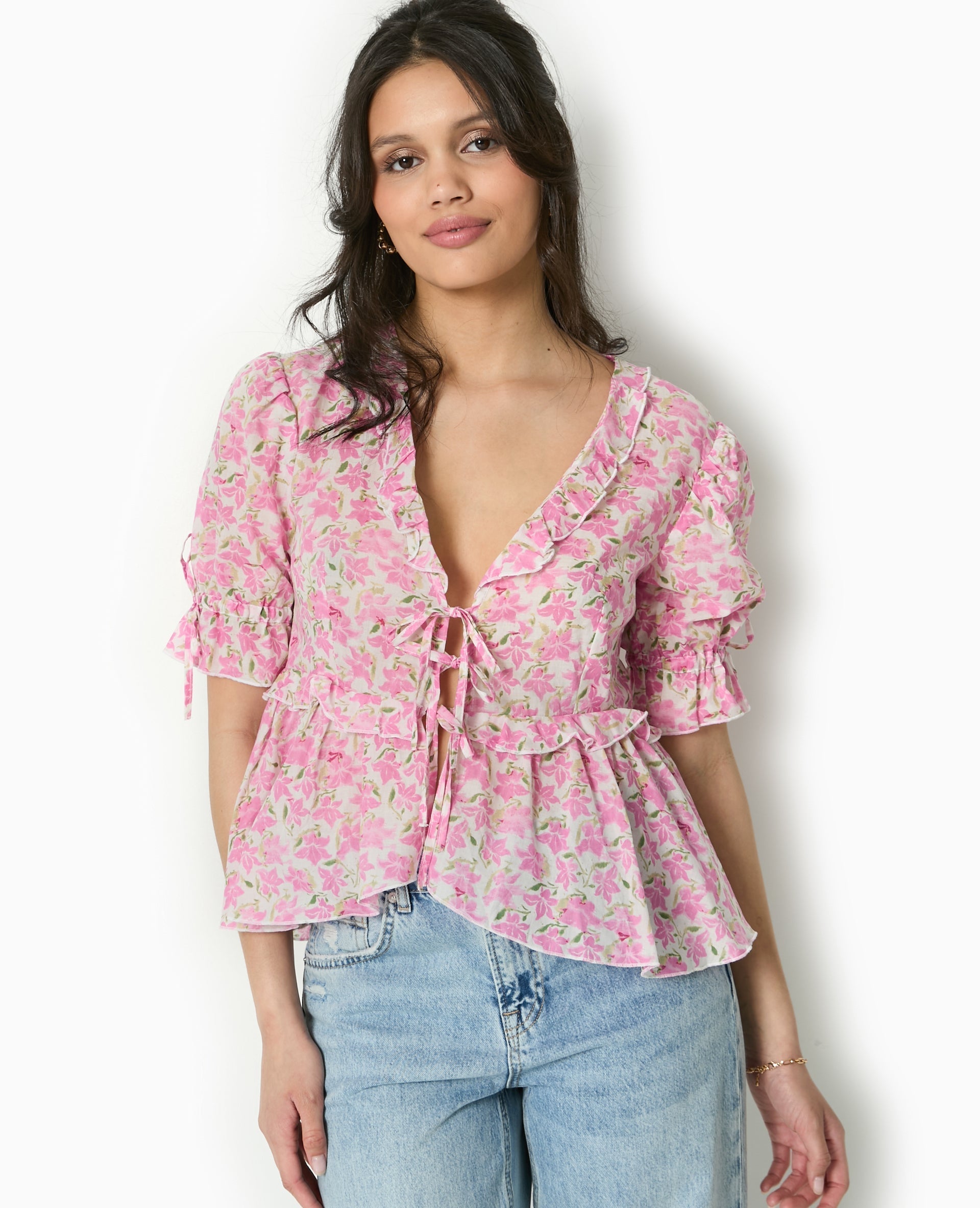 Aurora Floral Blouse | Ruffled V-Neck | Puff Sleeves