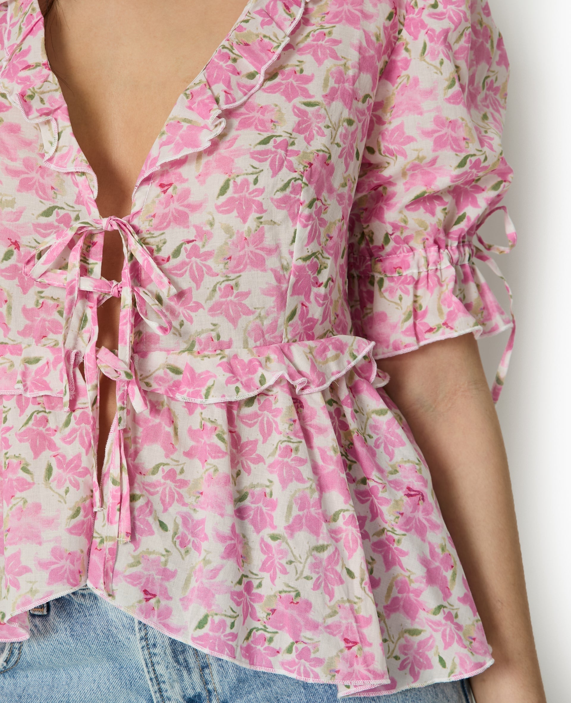 Aurora Floral Blouse | Ruffled V-Neck | Puff Sleeves