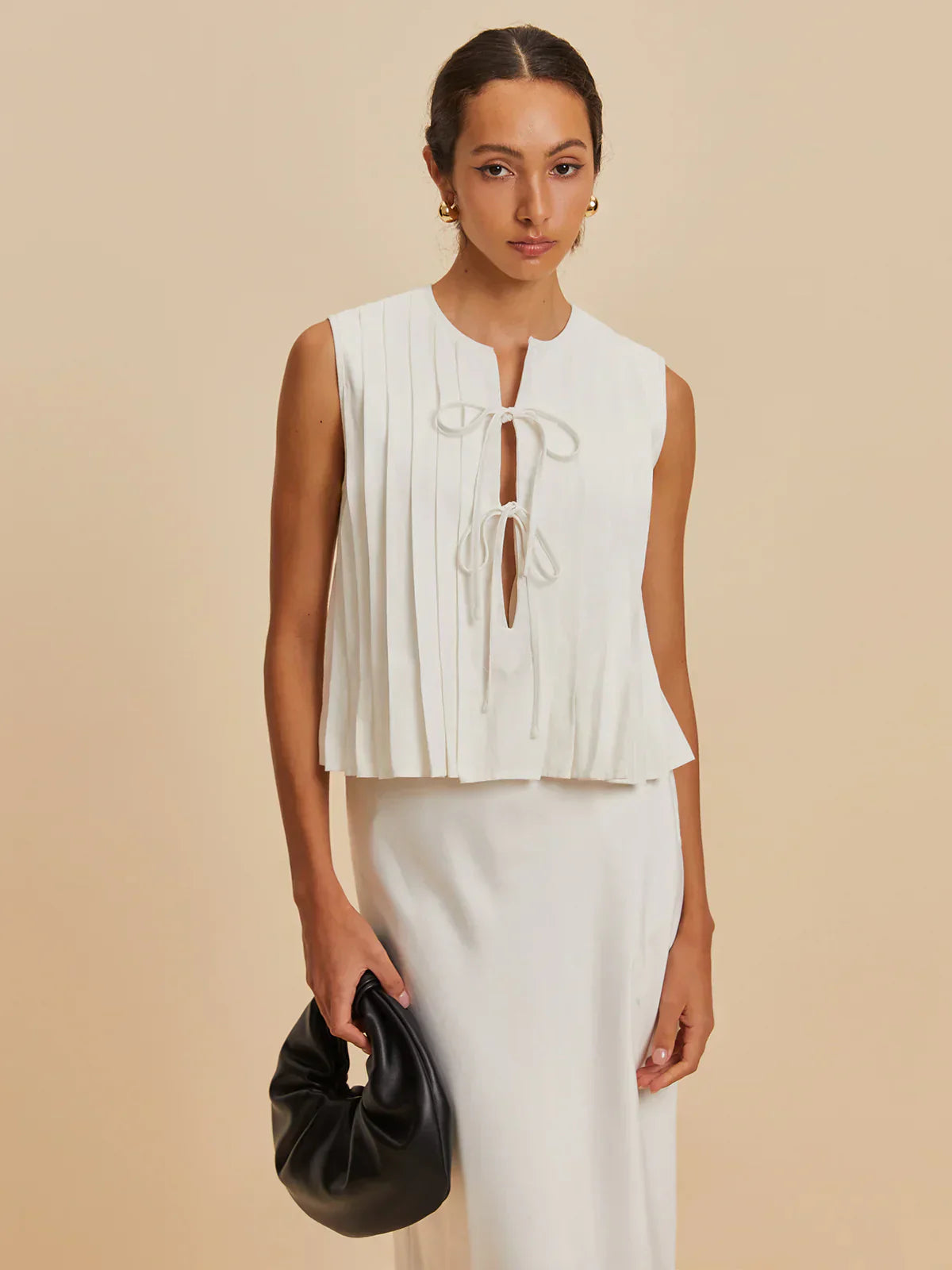 Pleated Tie-Front Sleeveless Blouse | Cotton-Linen Blend