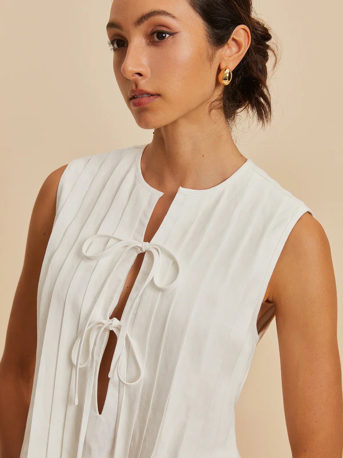 Pleated Tie-Front Sleeveless Blouse | Cotton-Linen Blend