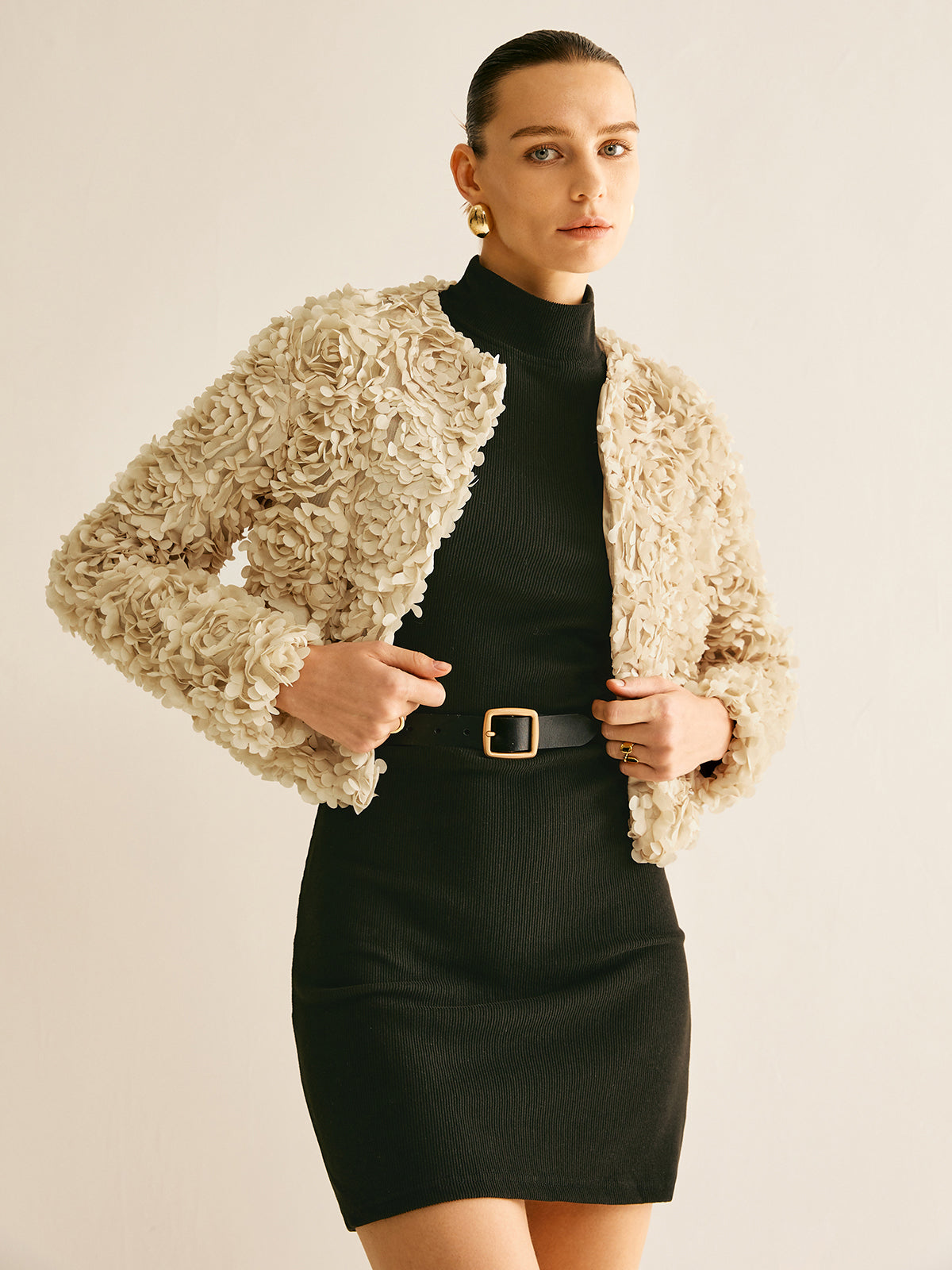 Textured Short Jacket | 3D Floral Design | Elegant Statement Piece