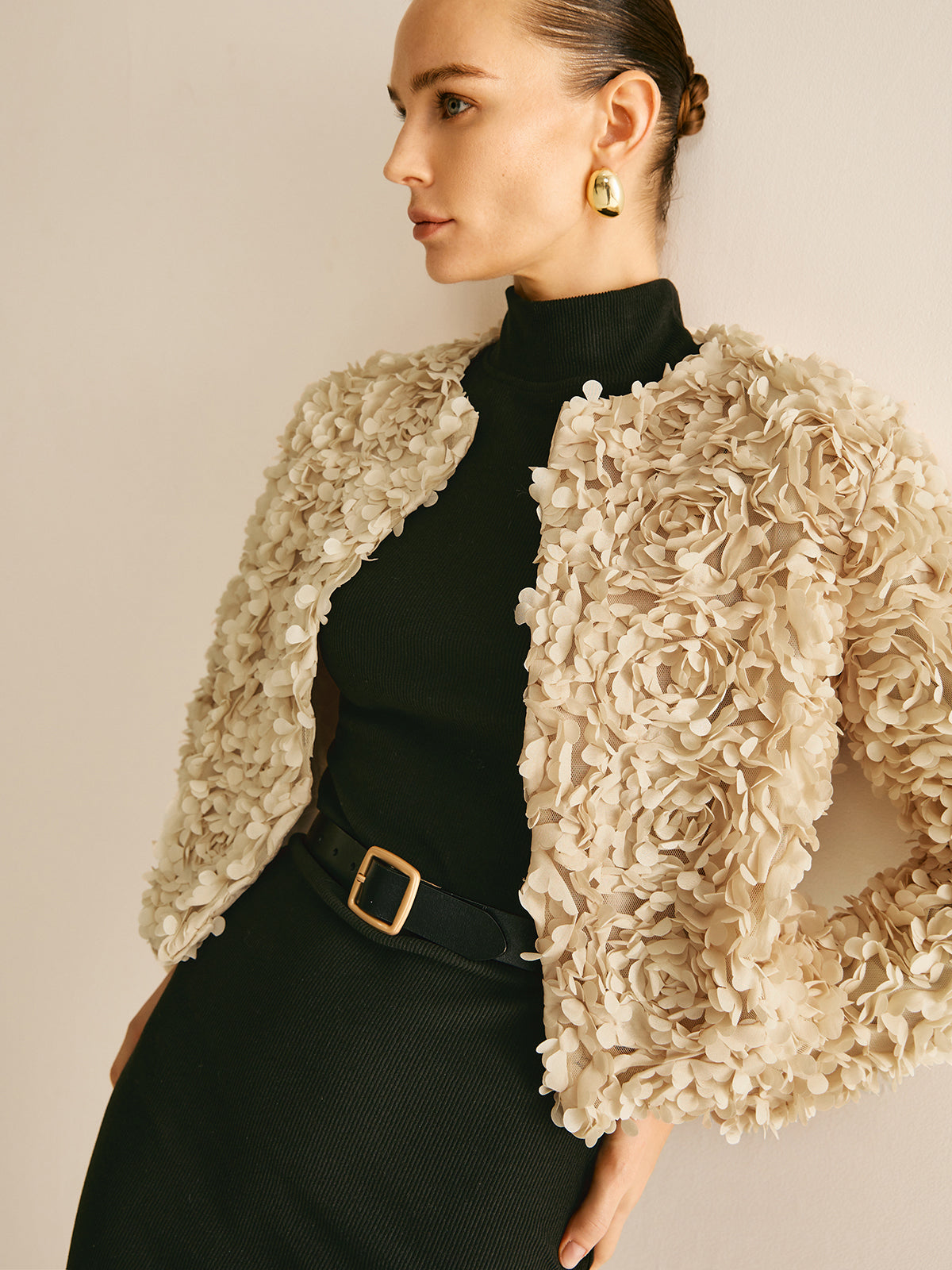 Textured Short Jacket | 3D Floral Design | Elegant Statement Piece