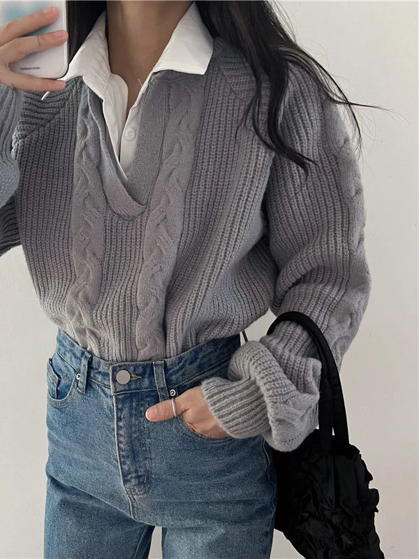 Cable Knit V-Neck Sweater | Turn-Down Collar | Relaxed Fit