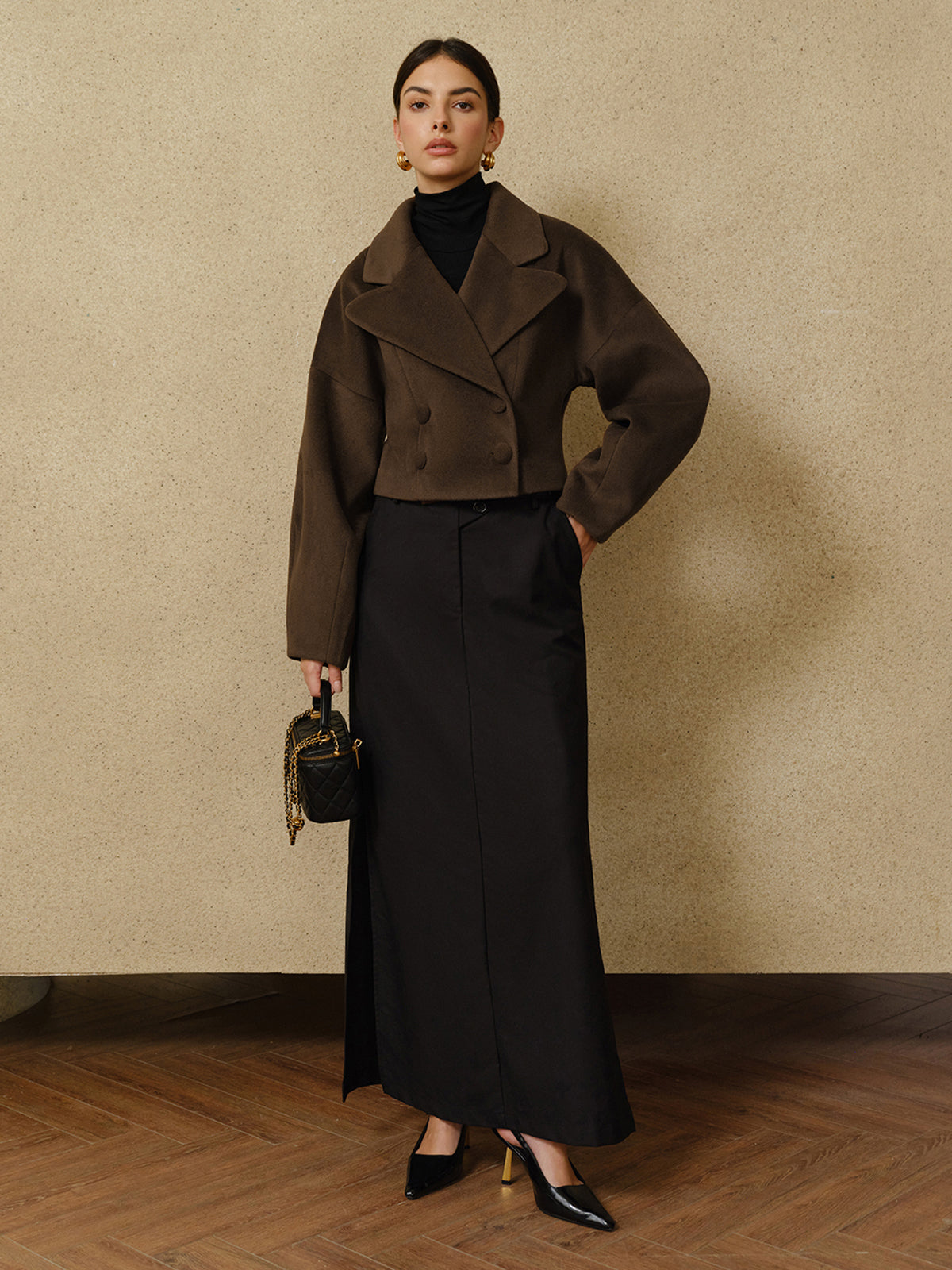 Atelier Wool Blend Cropped Coat | Oversized Lapel | Sculpted Silhouette