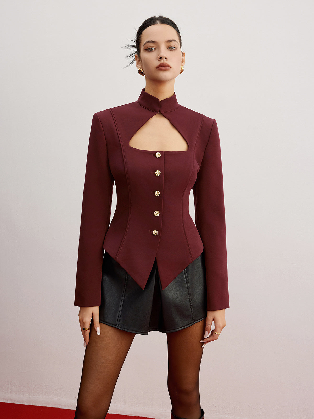 Structured Cut-Out Blazer | Stand Collar | Gold Button Detailing