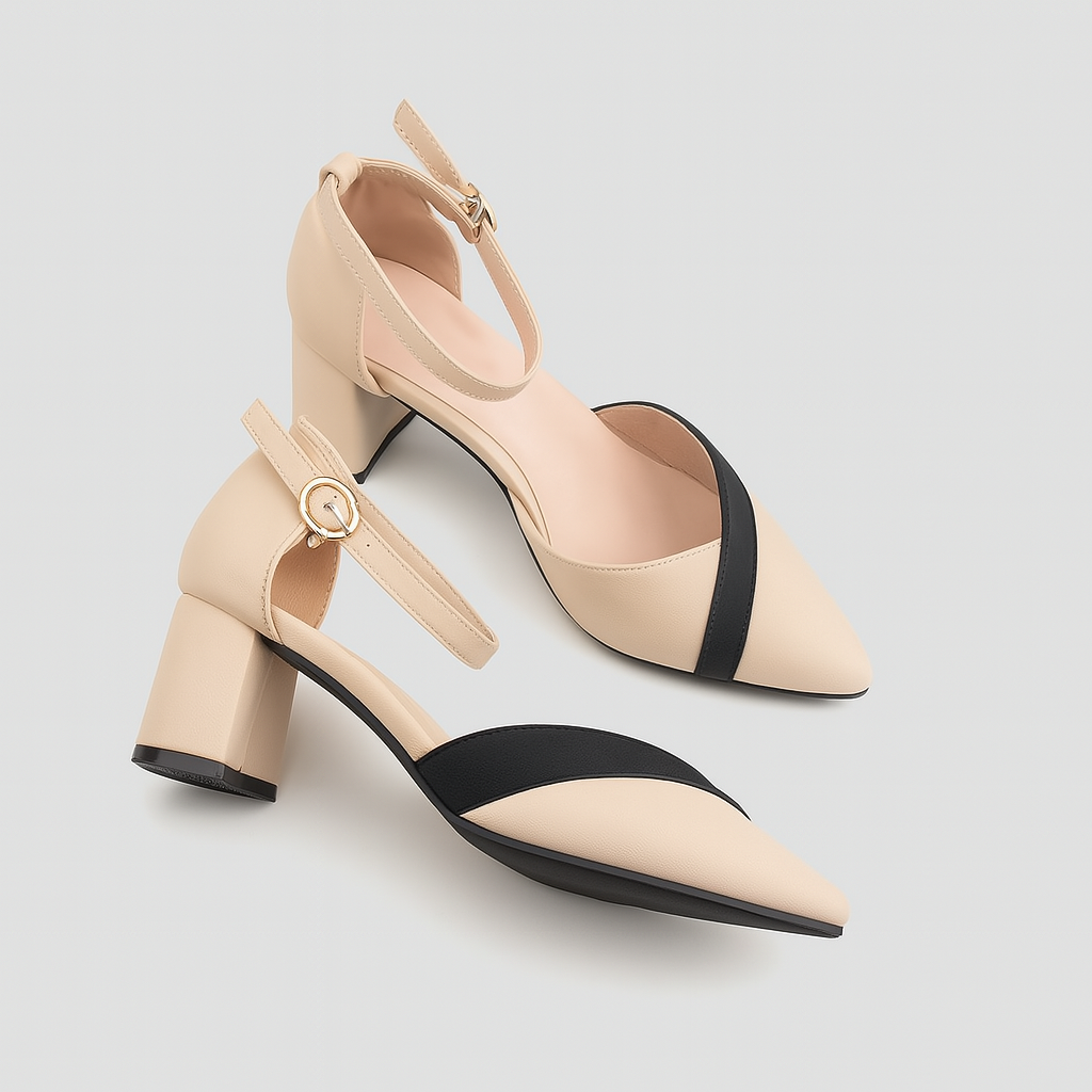 Block Heel Ankle Strap Pumps | Contrast Band | Pointed Toe