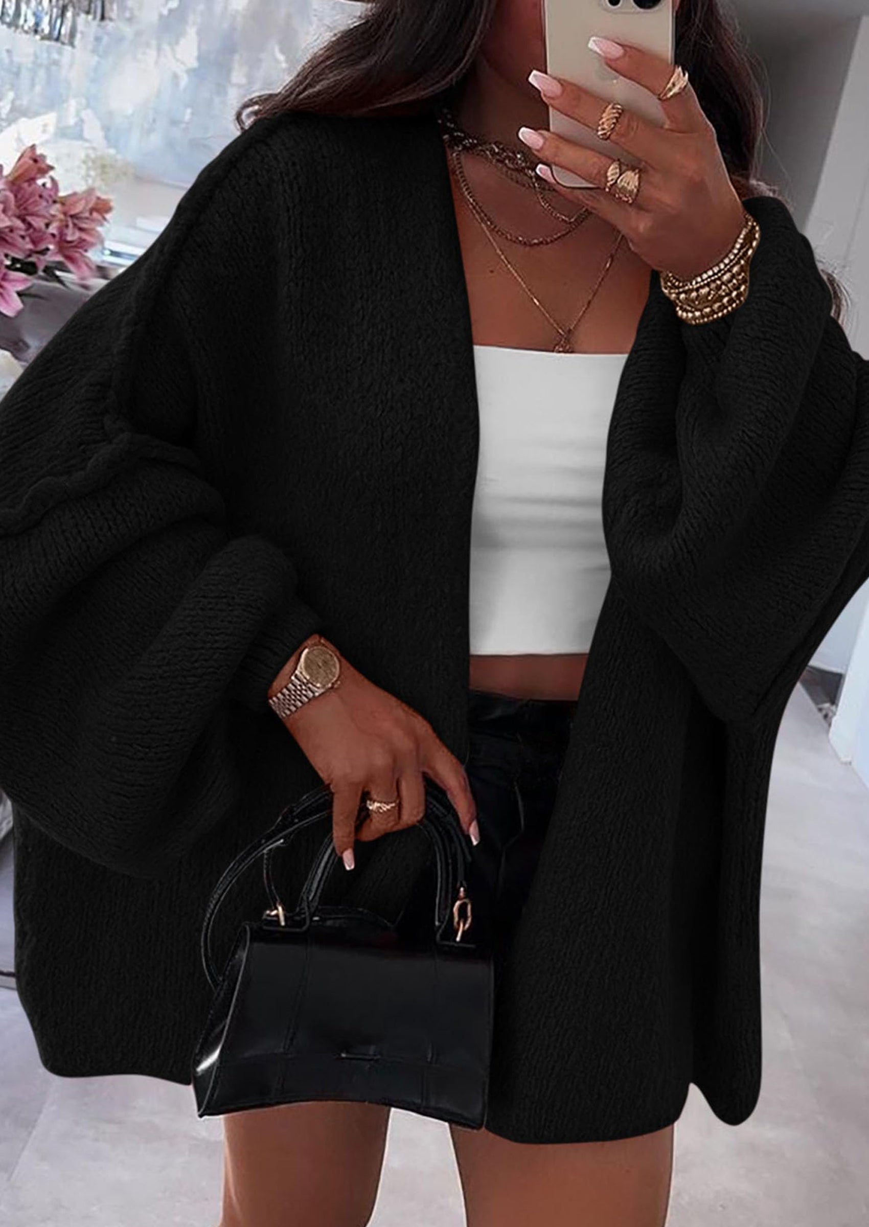 Maple Lumi Womens Oversized Cardigan Sweaters Fall Long Lantern Sleeve Knit Open Front Lightweight Sweater