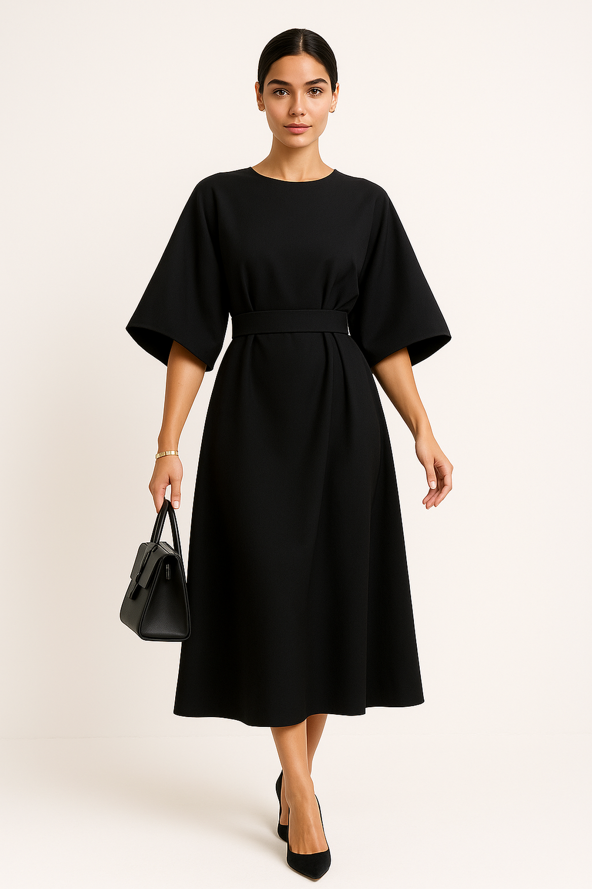 Batwing Sleeve Midi Dress | Belted A-Line Silhouette