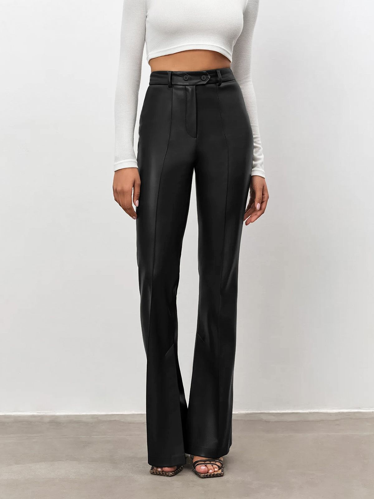 High Waisted Faux Leather Flare Trousers | Structured Fit