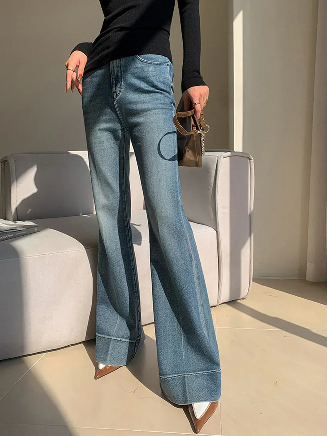 High Waist Flare Jeans | Bootcut Silhouette with Draped Hem
