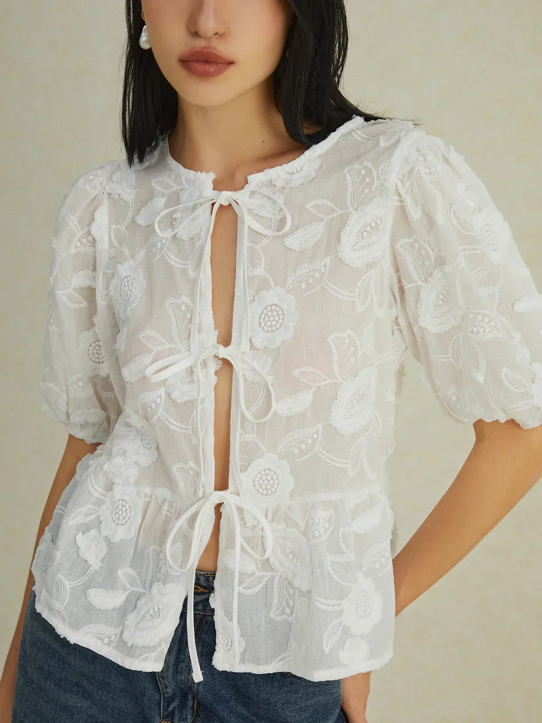 Embroidered Tie-Front Blouse | Puff Sleeve | Sheer Floral