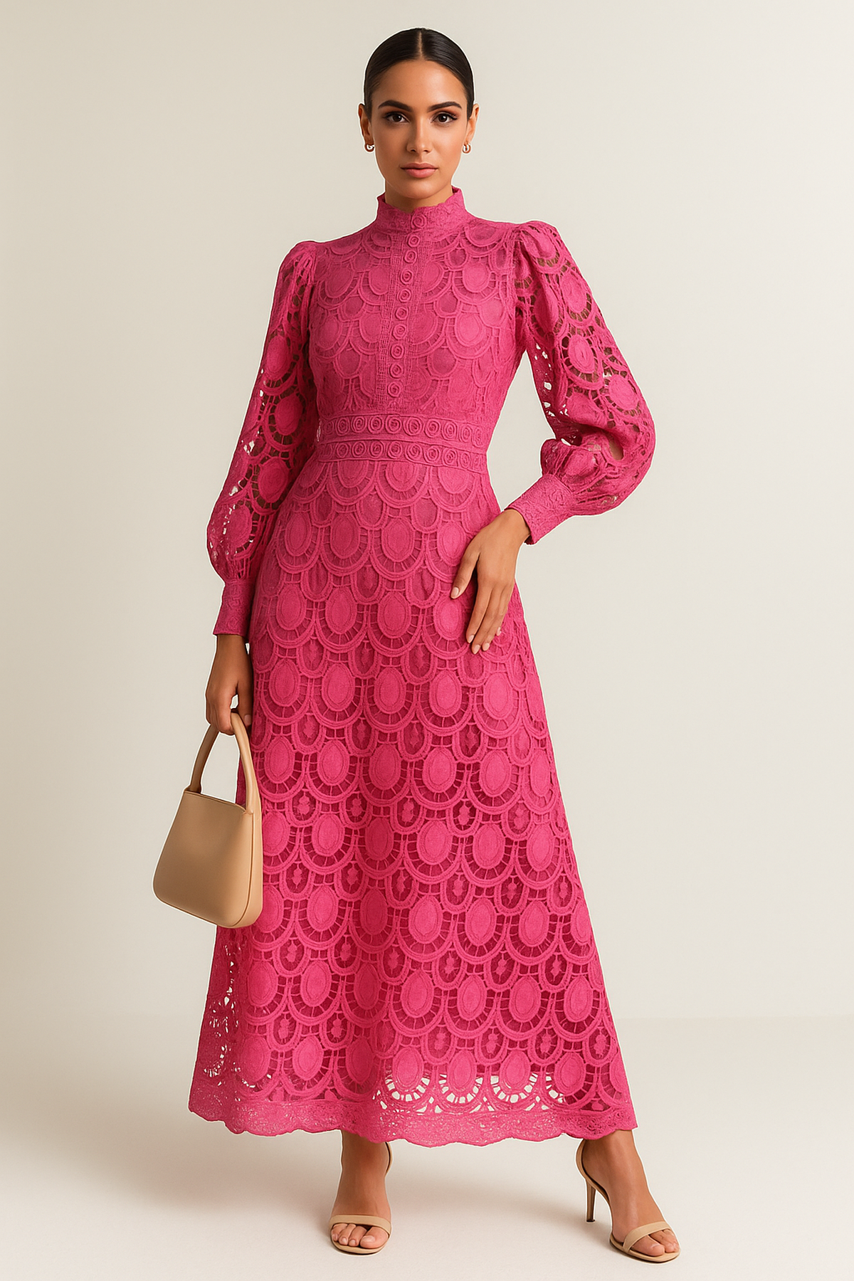 Atelier Lace Embroidered Maxi Dress | High Collar | Lantern Sleeve