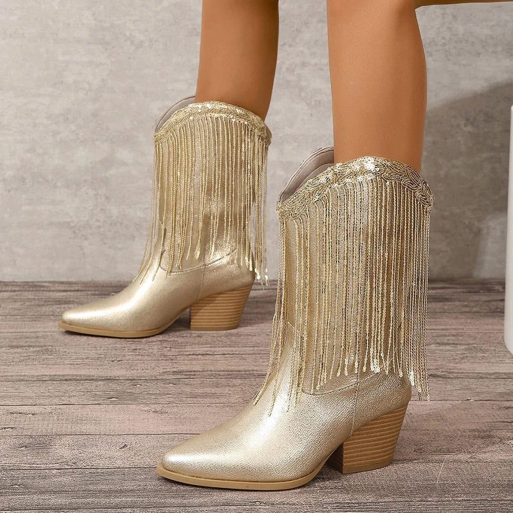 Étoile Fringe Mid-Calf Western Boots | Pointed Toe | Block Heel