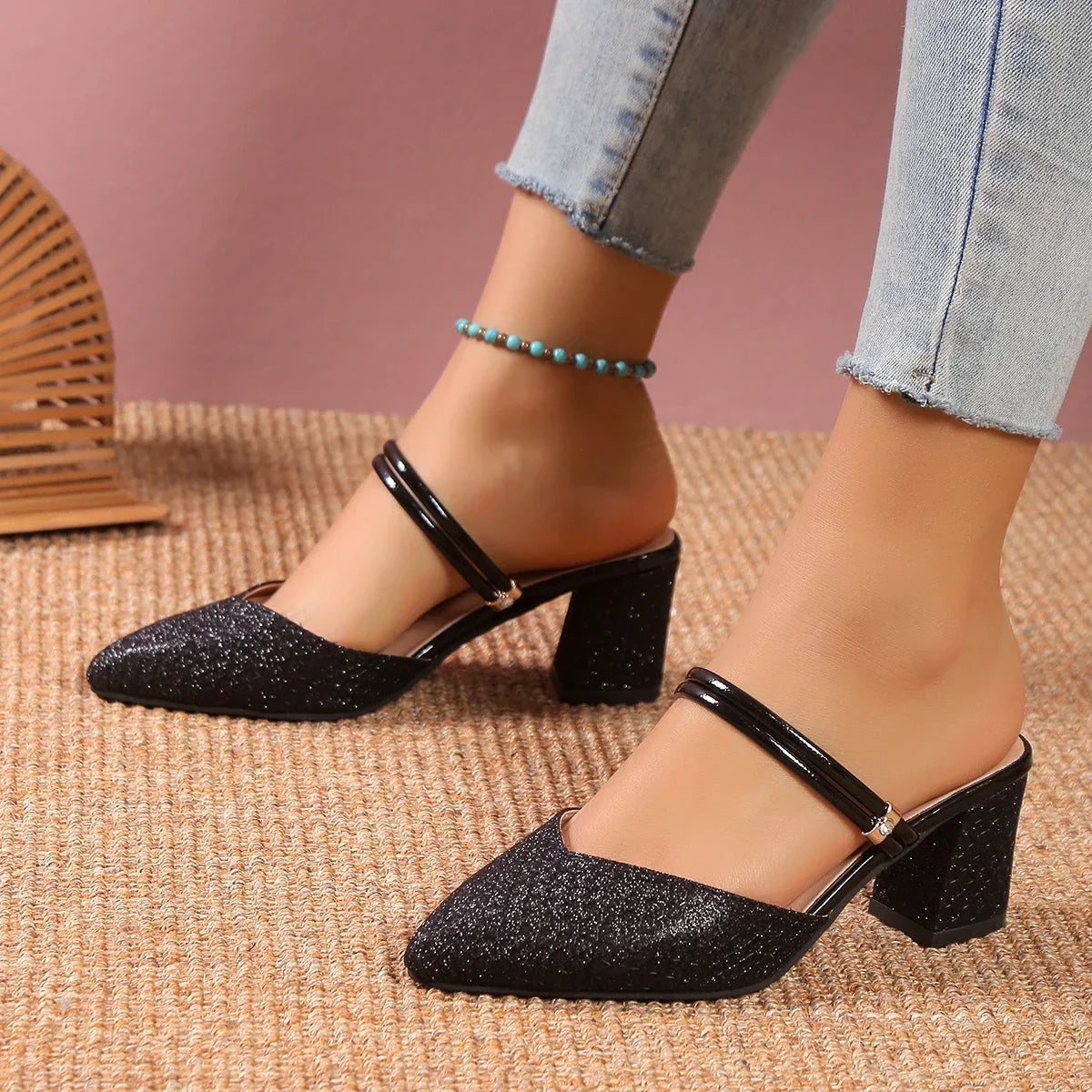 Vienna Block Heels | Shimmer Finish | Pointed Toe