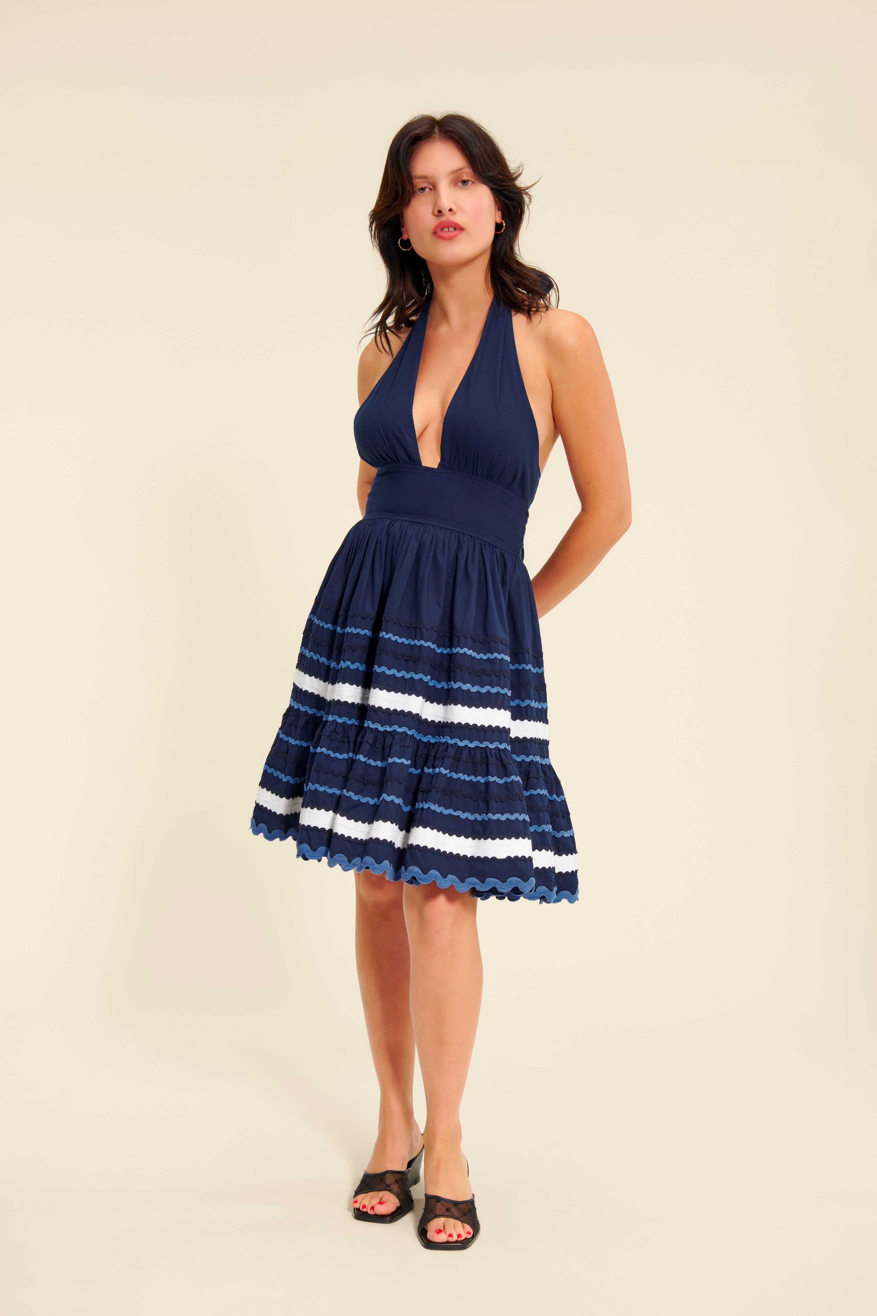 Striped Halterneck Mini Dress | Flared Skirt | Cotton Blend