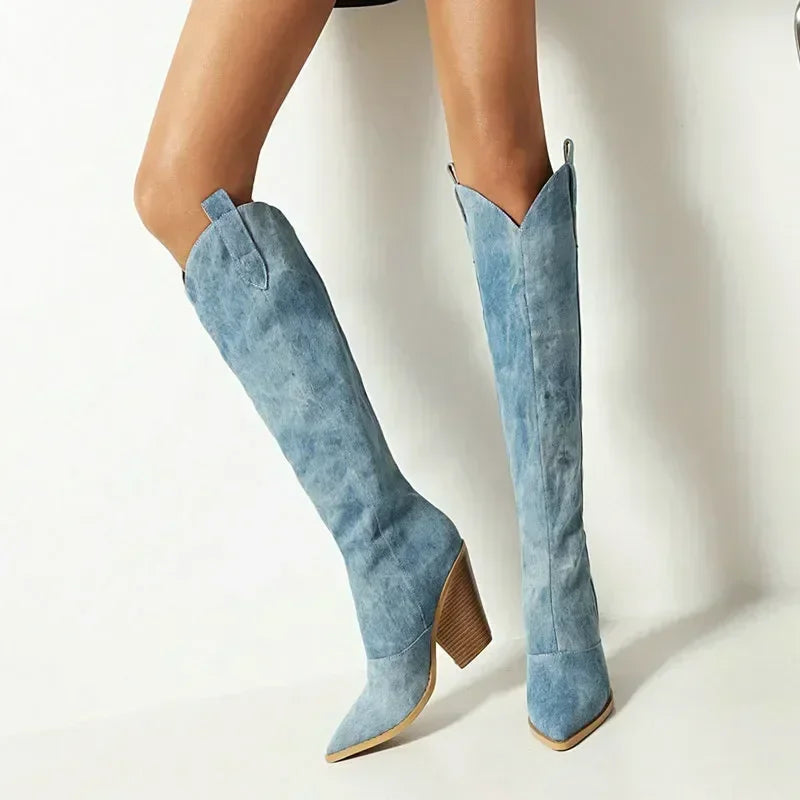 Denim Knee-High Boots | Pointed Toe | Western Block Heel Design