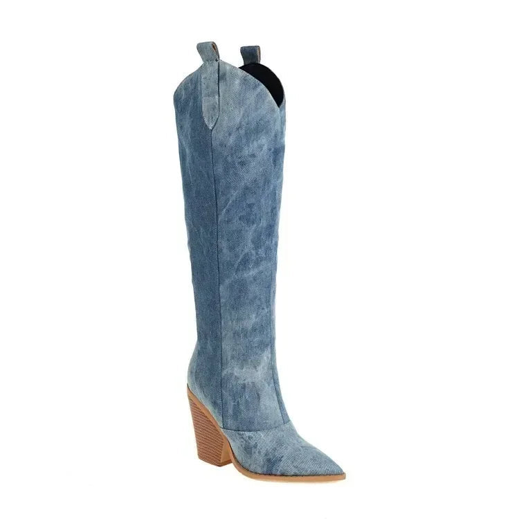 Denim Knee-High Boots | Pointed Toe | Western Block Heel Design