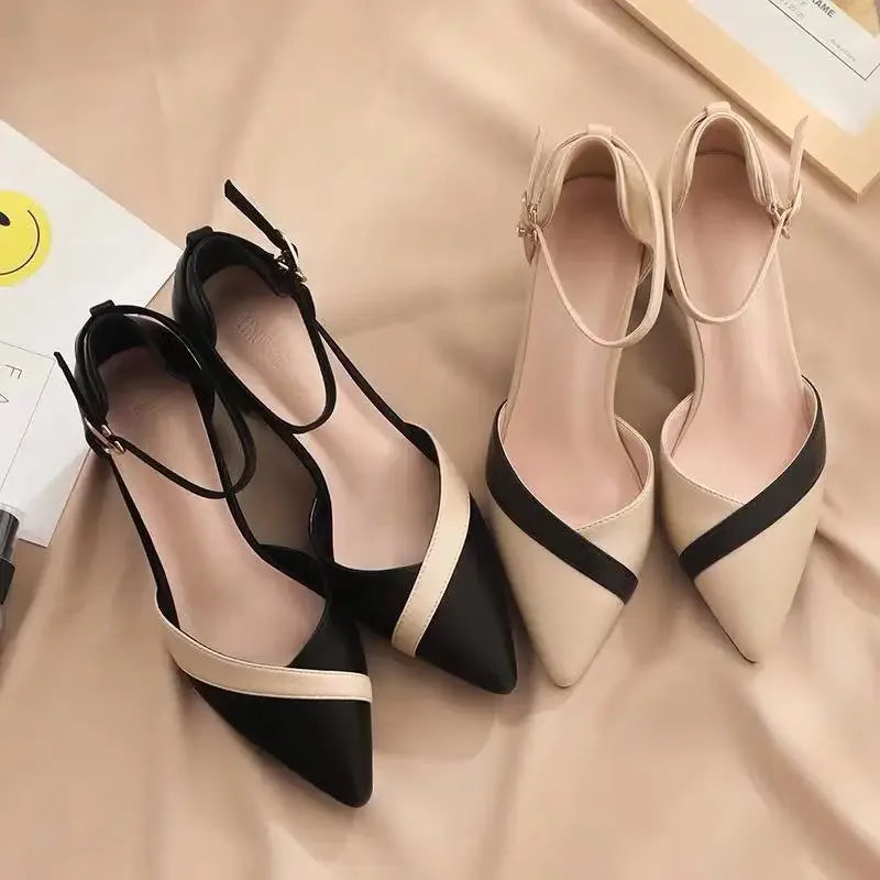 Block Heel Ankle Strap Pumps | Contrast Band | Pointed Toe