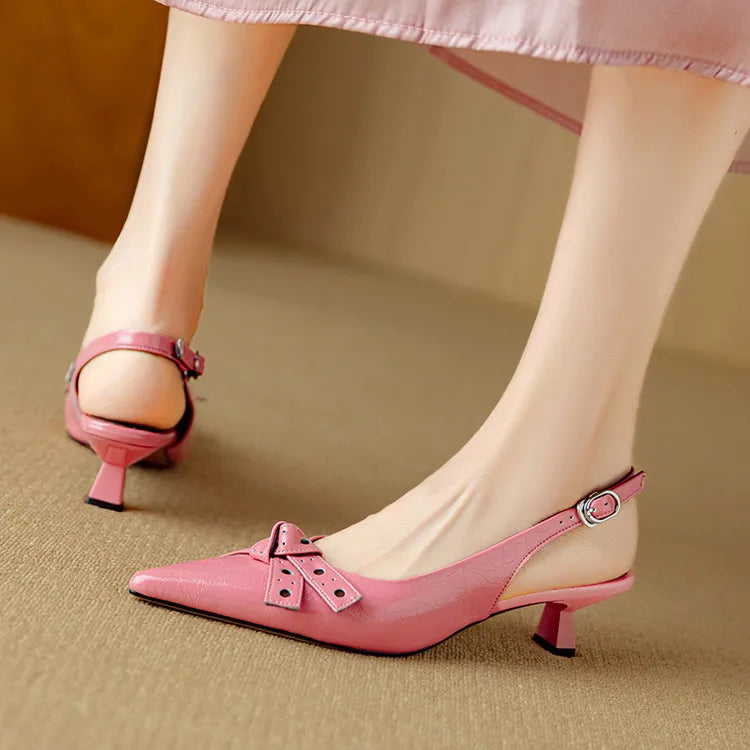Pointed Toe Slingback Heels | Genuine Leather | Bow Detail