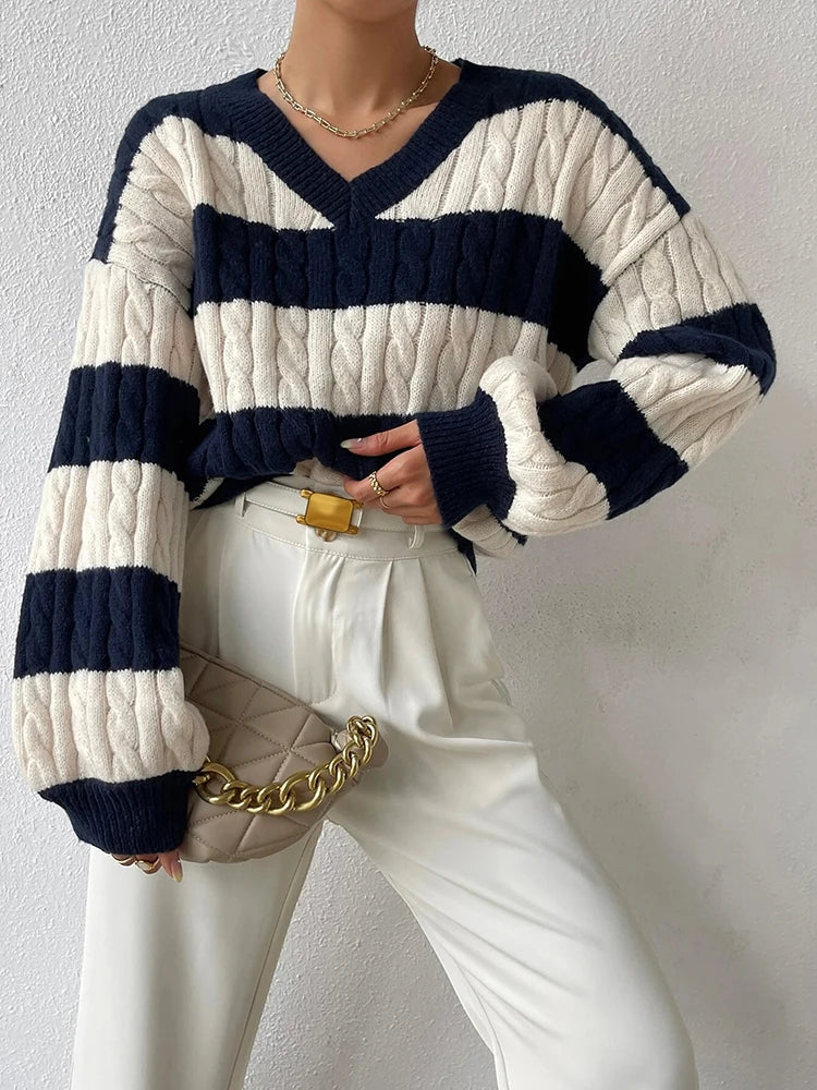 Striped Cable Knit V-Neck Sweater | Relaxed Fit Pullover