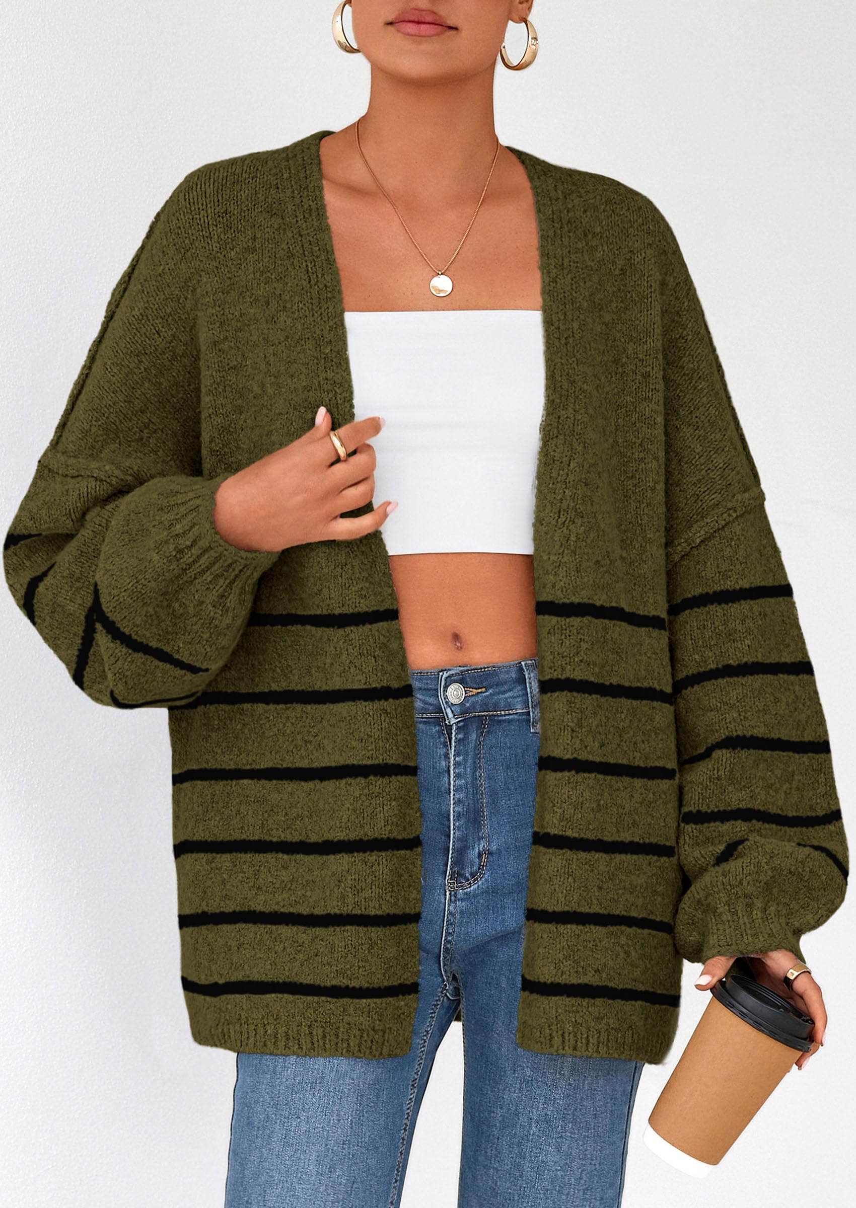 Maple Lumi Womens Oversized Cardigan Sweaters Fall Long Lantern Sleeve Knit Open Front Lightweight Sweater