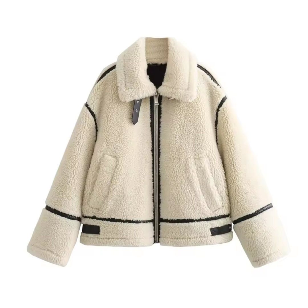 Faux Shearling Jacket | Contrast Trim | Zip Closure