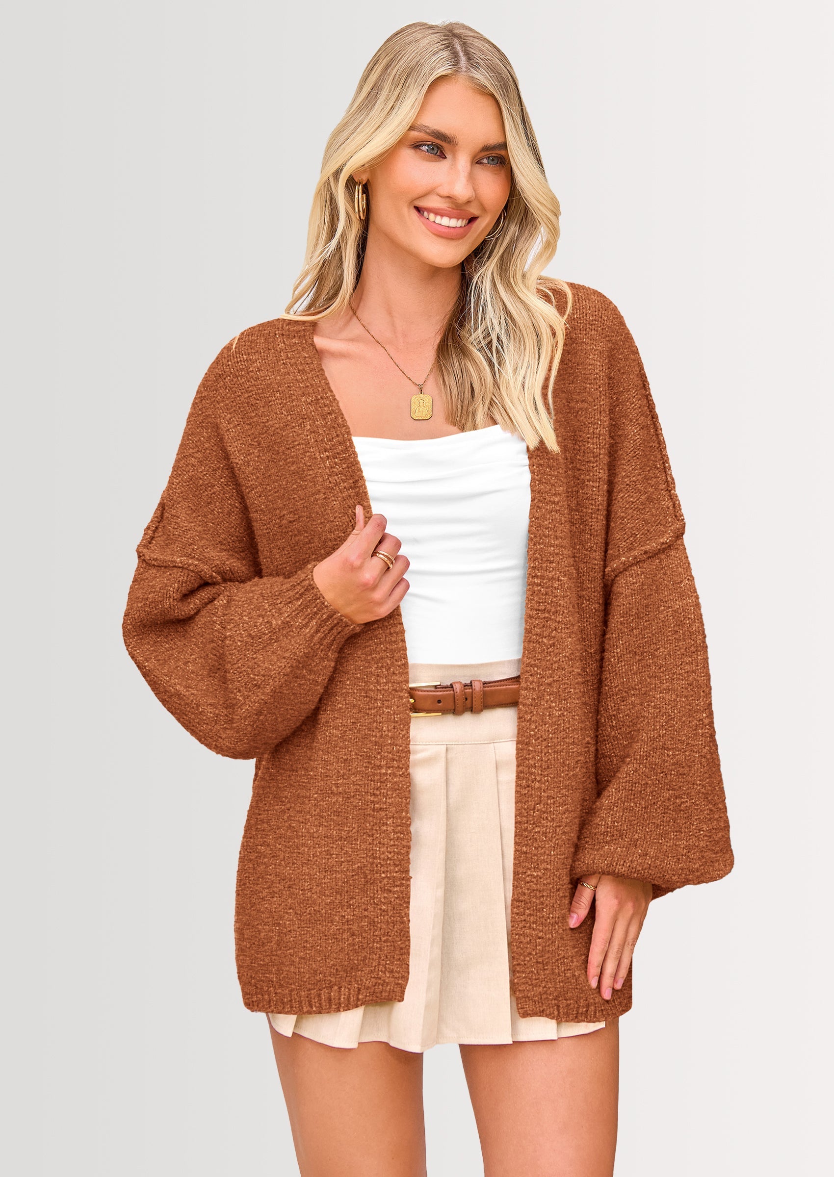 Maple Lumi Womens Oversized Cardigan Sweaters Fall Long Lantern Sleeve Knit Open Front Lightweight Sweater