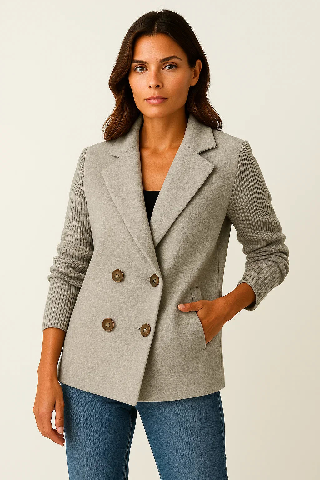 Atelier Knit-Sleeve Blazer | Double-Breasted Wool Blend