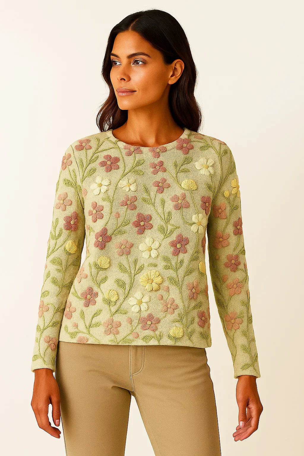 Floral Embroidered Sweater | Soft Knit | Crew Neck