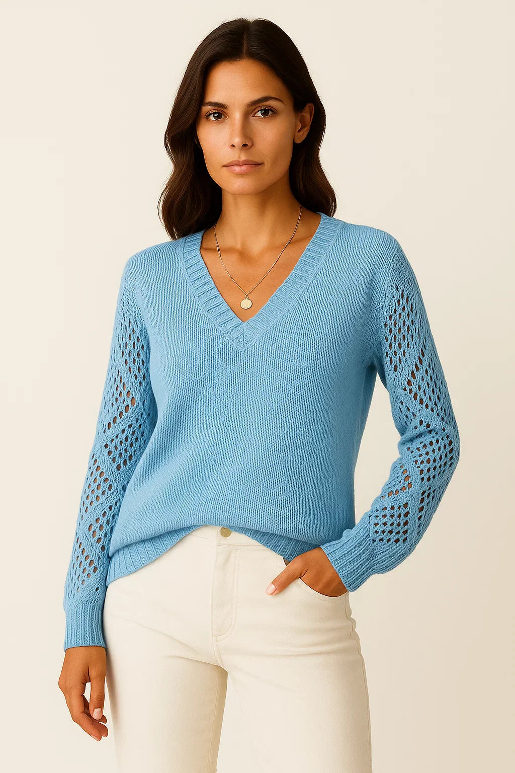 Aurora Open-Knit V-Neck Sweater | Lightweight Cotton Blend | Relaxed Fit