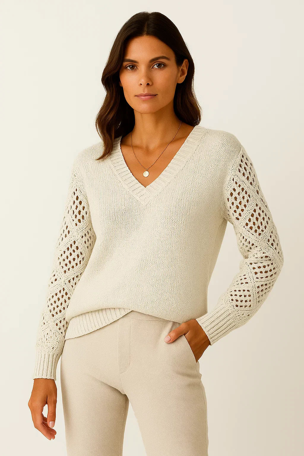 Aurora Open-Knit V-Neck Sweater | Lightweight Cotton Blend | Relaxed Fit