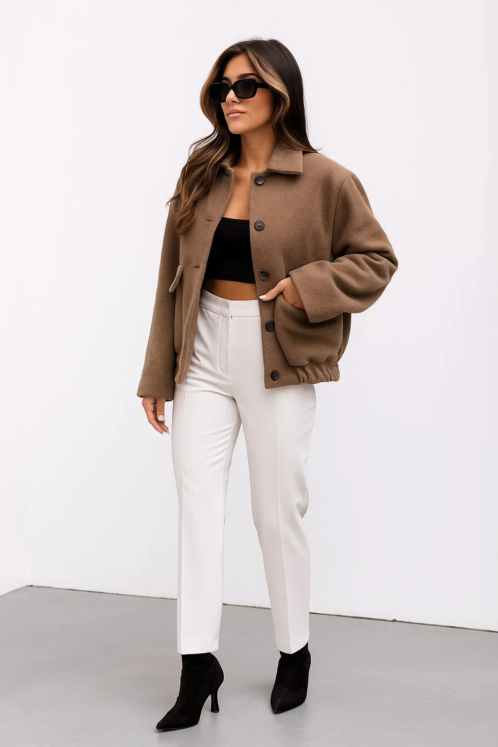 Wool Blend Cropped Jacket | Elastic Hem | Single Breasted