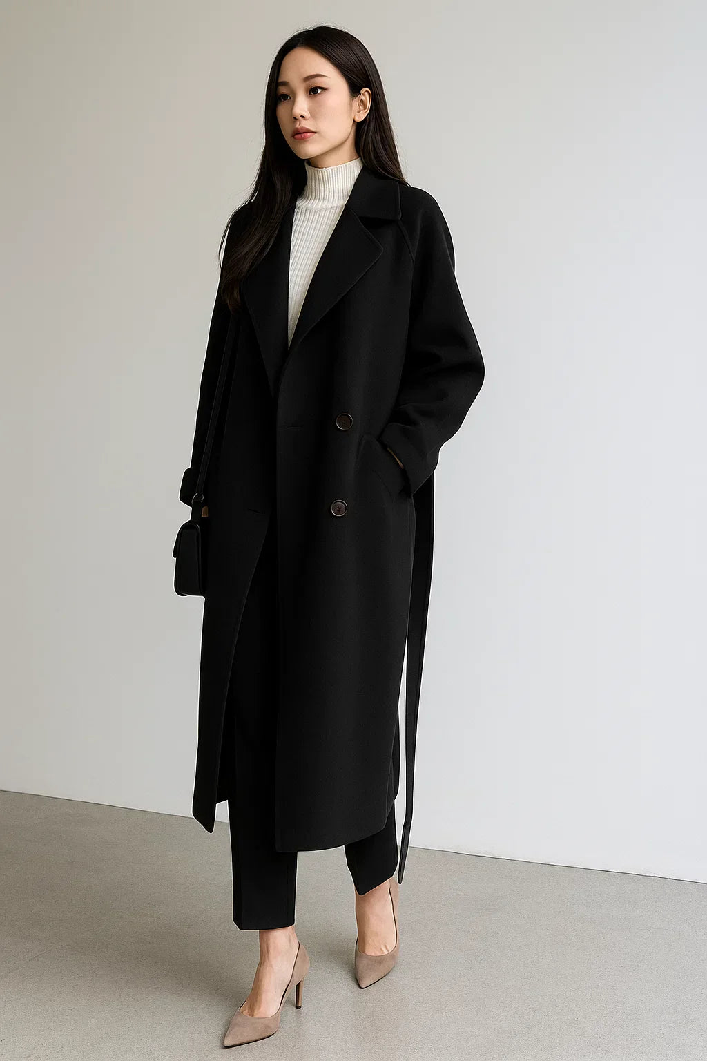 Wool Blend Long Coat | Oversized Fit | Belted Winter Design